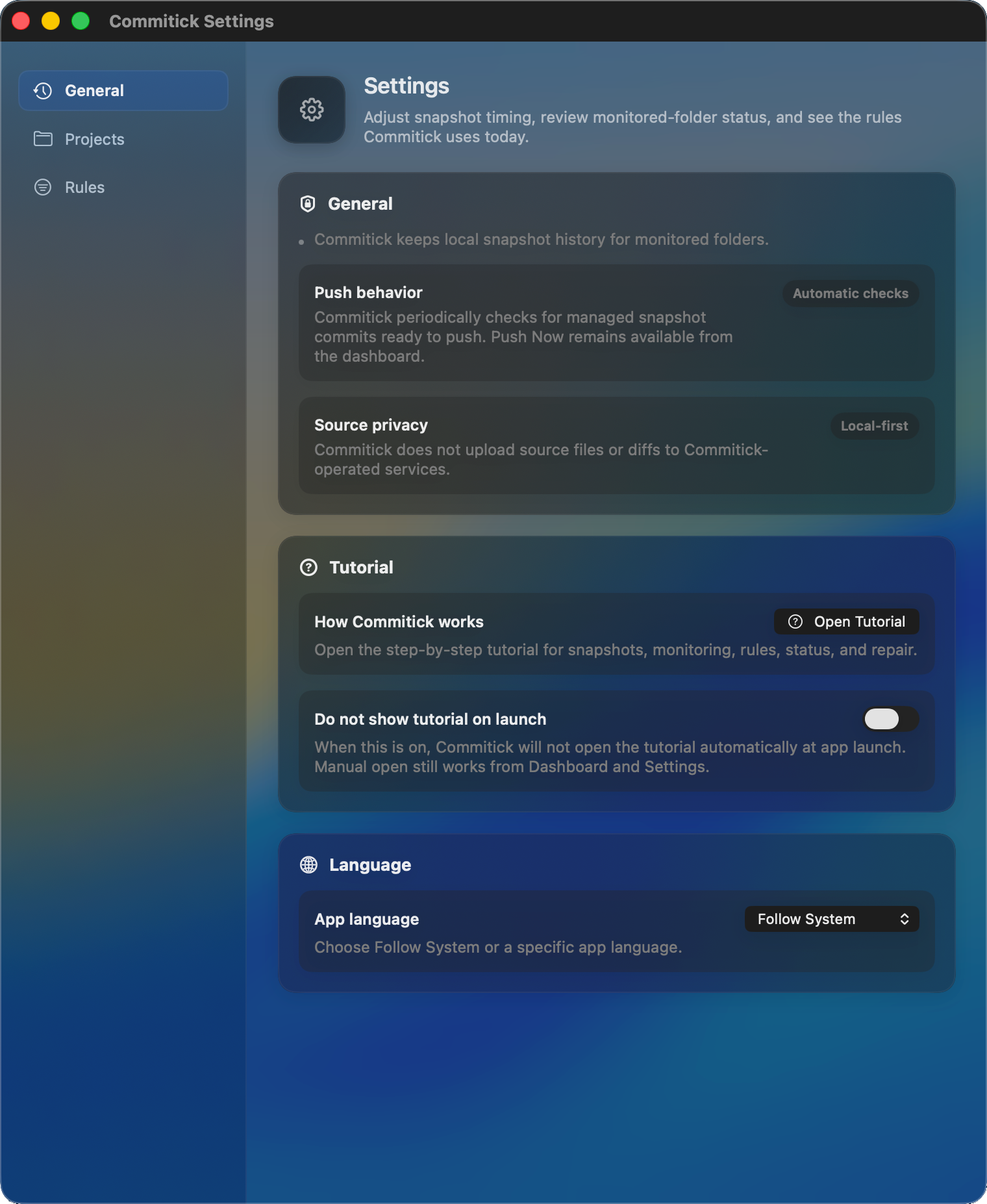 Commitick settings showing source privacy and local-first messaging.