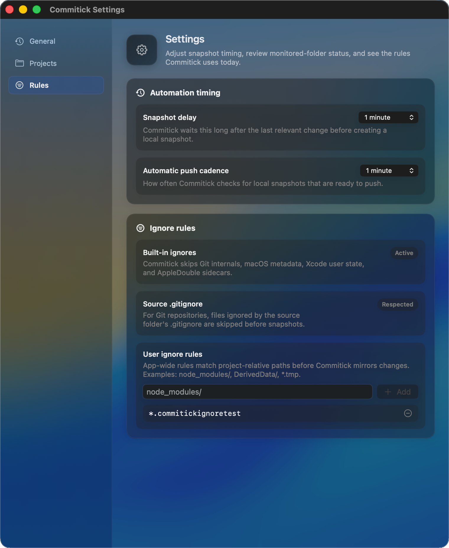 Commitick settings screen showing rules and ignore configuration.