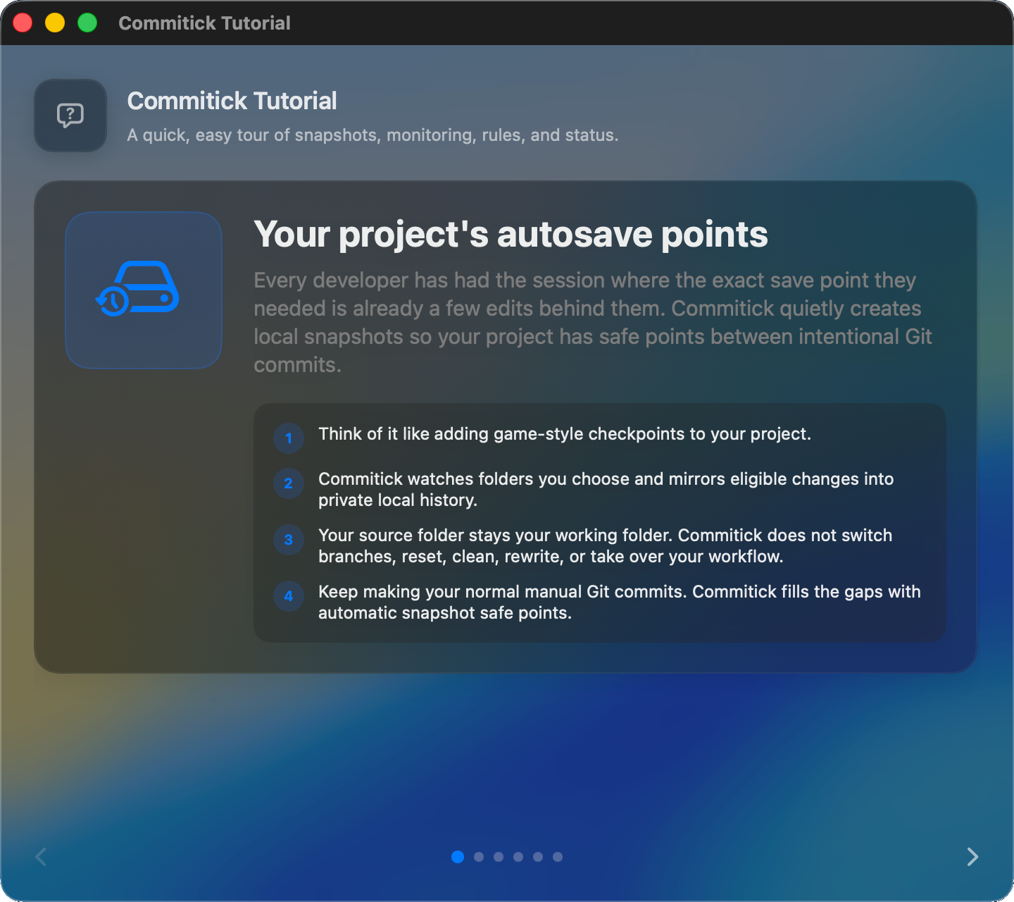 Commitick tutorial overview explaining snapshots, monitoring, rules, status, repair, and push behavior.